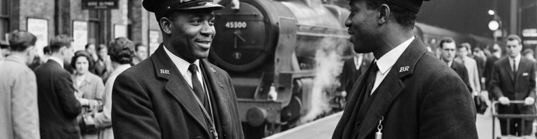 Two railway workers shake hands at Euston Station; signs read Platform 8 and Liverpool.