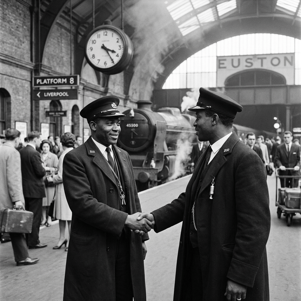 Two railway workers shake hands at Euston Station; signs read Platform 8 and Liverpool.