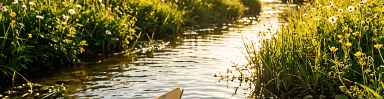 Paper boat floating on a stream through a sunlit flower meadow
