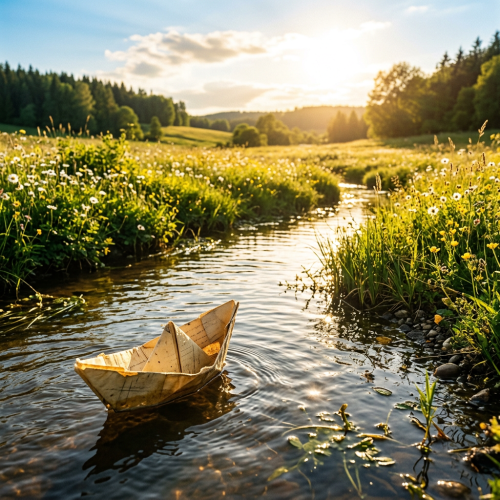 Paper boat floating on a stream through a sunlit flower meadow
