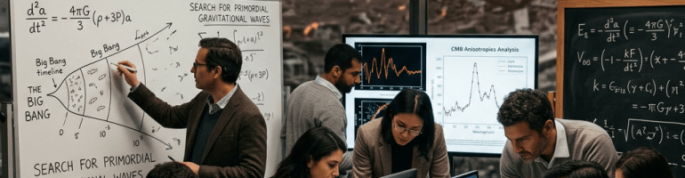 Scientists analyzing gravitational-wave data in a room overlooking a burning city