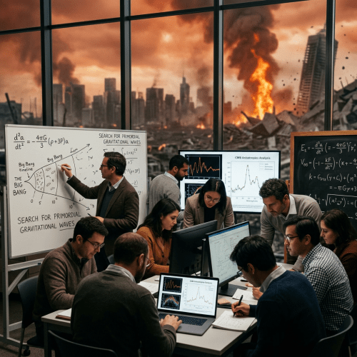 Scientists analyzing gravitational-wave data in a room overlooking a burning city