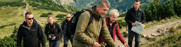 Five hikers walking along a mountain trail with alpine peaks behind them