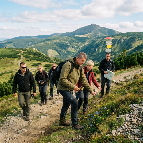 Five hikers walking along a mountain trail with alpine peaks behind them