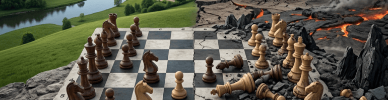 Chessboard separating a peaceful village landscape from erupting volcanoes