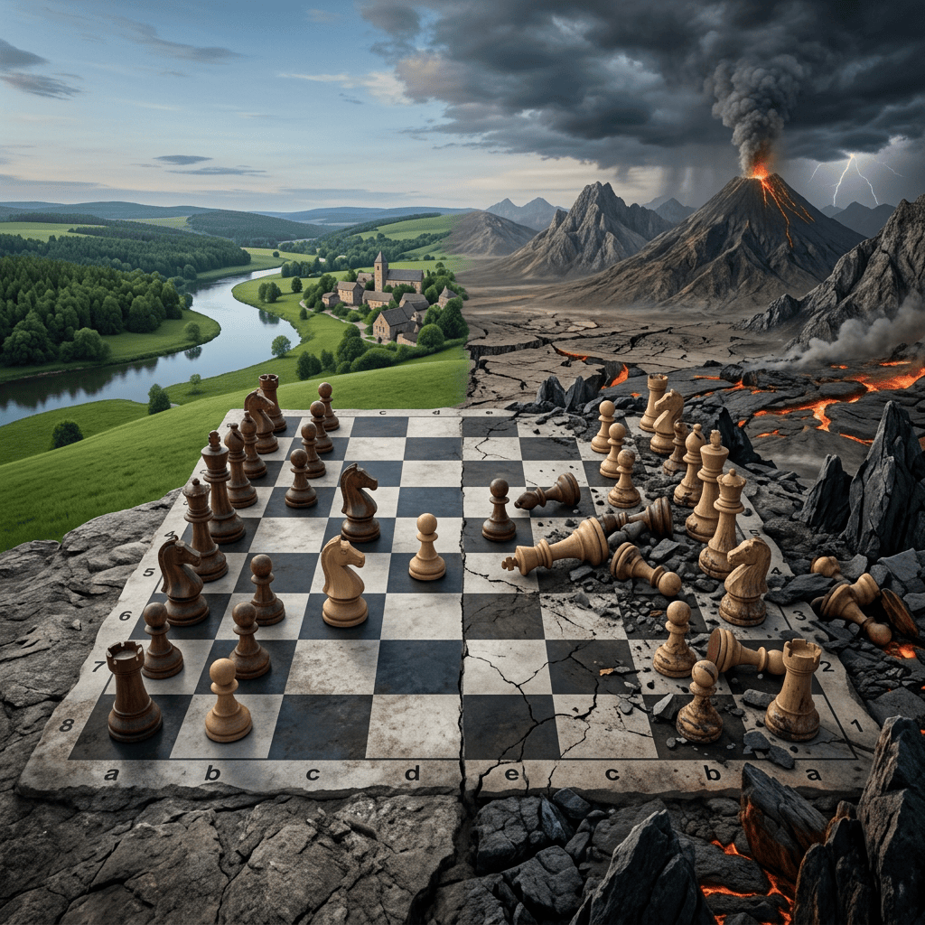 Chessboard separating a peaceful village landscape from erupting volcanoes