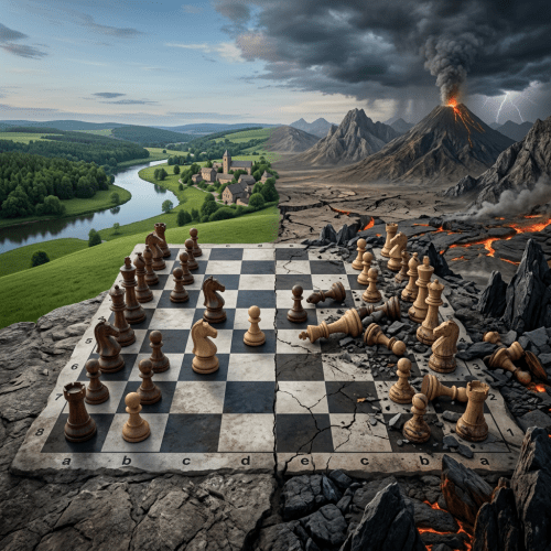 Chessboard separating a peaceful village landscape from erupting volcanoes