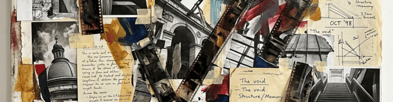 Mixed-media urban collage with architecture photos, film strips, sketches, and text including “The void.”