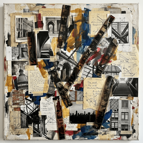 Mixed-media urban collage with architecture photos, film strips, sketches, and text including “The void.”