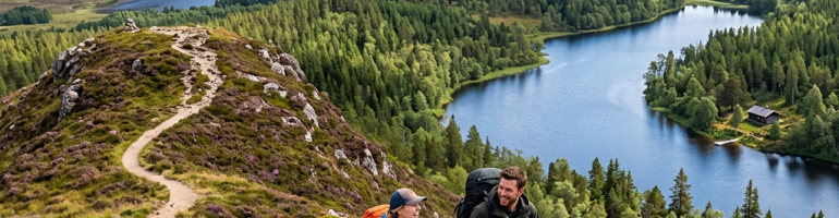 Two hikers ascending a rocky trail above forested lakes and Highland mountains