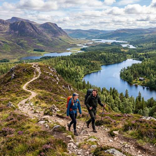 Two hikers ascending a rocky trail above forested lakes and Highland mountains