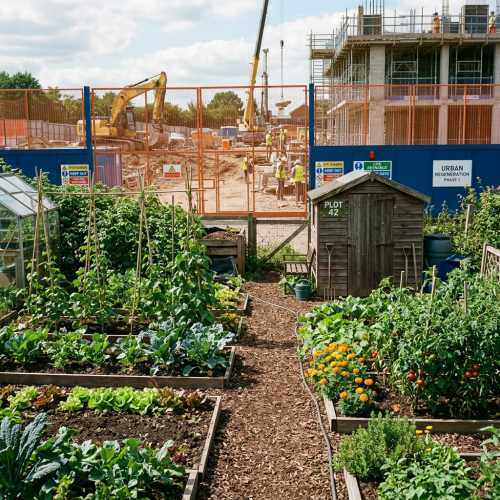 Community garden beside construction site marked Urban Regeneration Phase 1