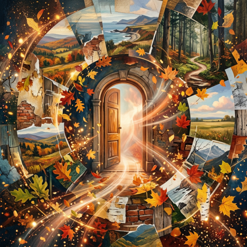 Glowing doorway surrounded by autumn leaves and landscape collage