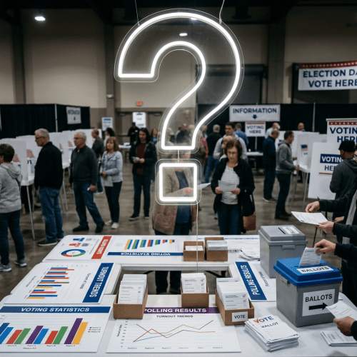 Voters at polling place with ballot boxes and election statistics