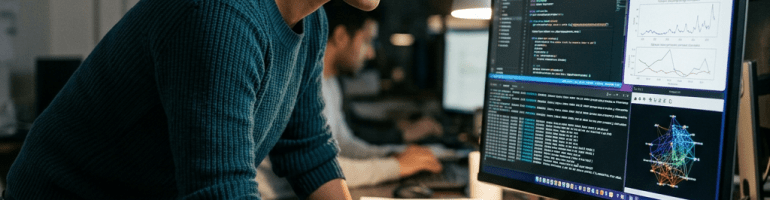 Researcher examining code, charts, and network visualizations on a computer monitor