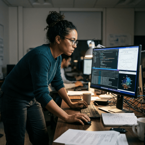 Researcher examining code, charts, and network visualizations on a computer monitor