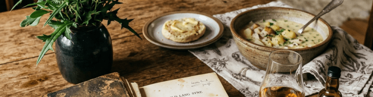 Open Scottish ballads book beside soup, whisky, candle, and thistle bouquet