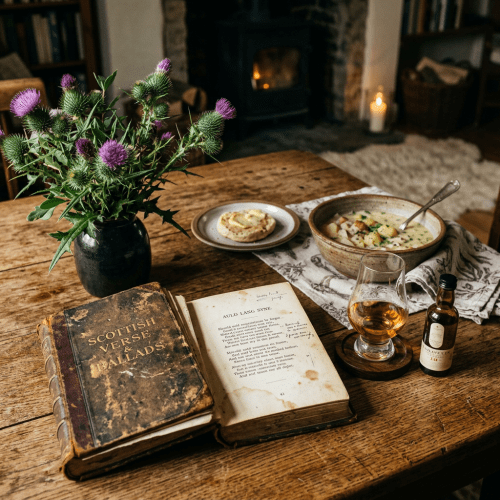 Open Scottish ballads book beside soup, whisky, candle, and thistle bouquet