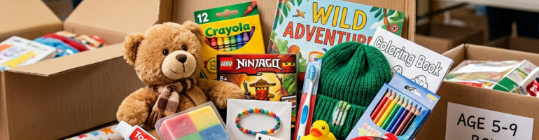 Festive gift box filled with toys and supplies labeled for a child age 5–9