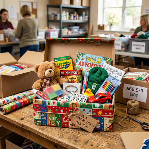 Festive gift box filled with toys and supplies labeled for a child age 5–9
