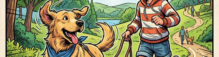 Girl running with leashed dog on a woodland trail; speech bubble says “WOO-HOO! Let’s go, Buster!”