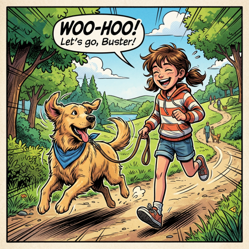 Girl running with leashed dog on a woodland trail; speech bubble says “WOO-HOO! Let’s go, Buster!”