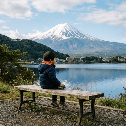 Child sitting on a bench beside a lake with snow-covered Mount Fuji
