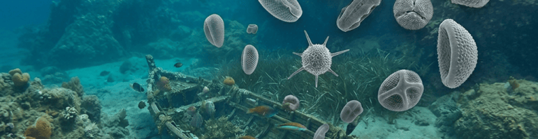 Canoe in marsh with framed microscopic pollen images
