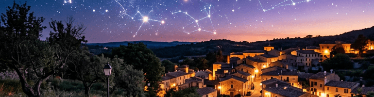 A warmly lit village beneath a starry sky with glowing constellations