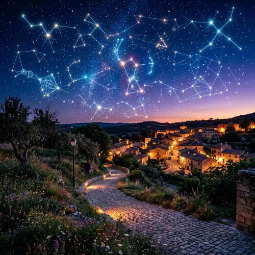 A warmly lit village beneath a starry sky with glowing constellations