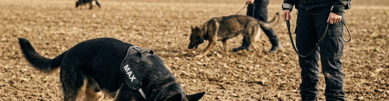 Police handlers and dogs searching a plowed field
