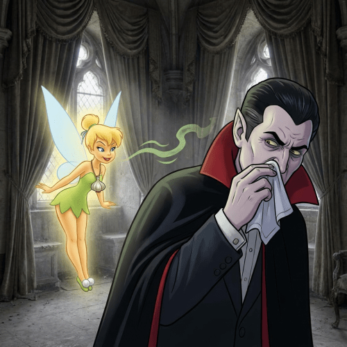 Glowing fairy confronting a vampire in a gothic hall