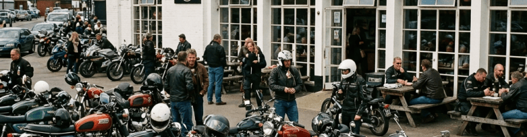 Motorcyclists and vintage motorcycles outside Ace Cafe London