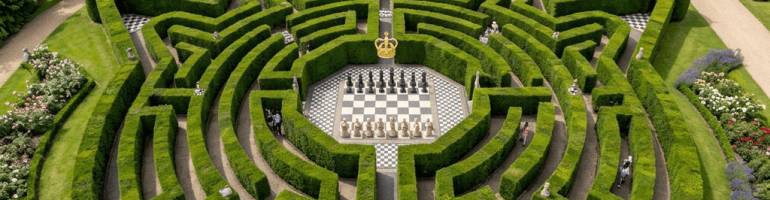 Formal hedge maze with giant chessboard beside a historic castle