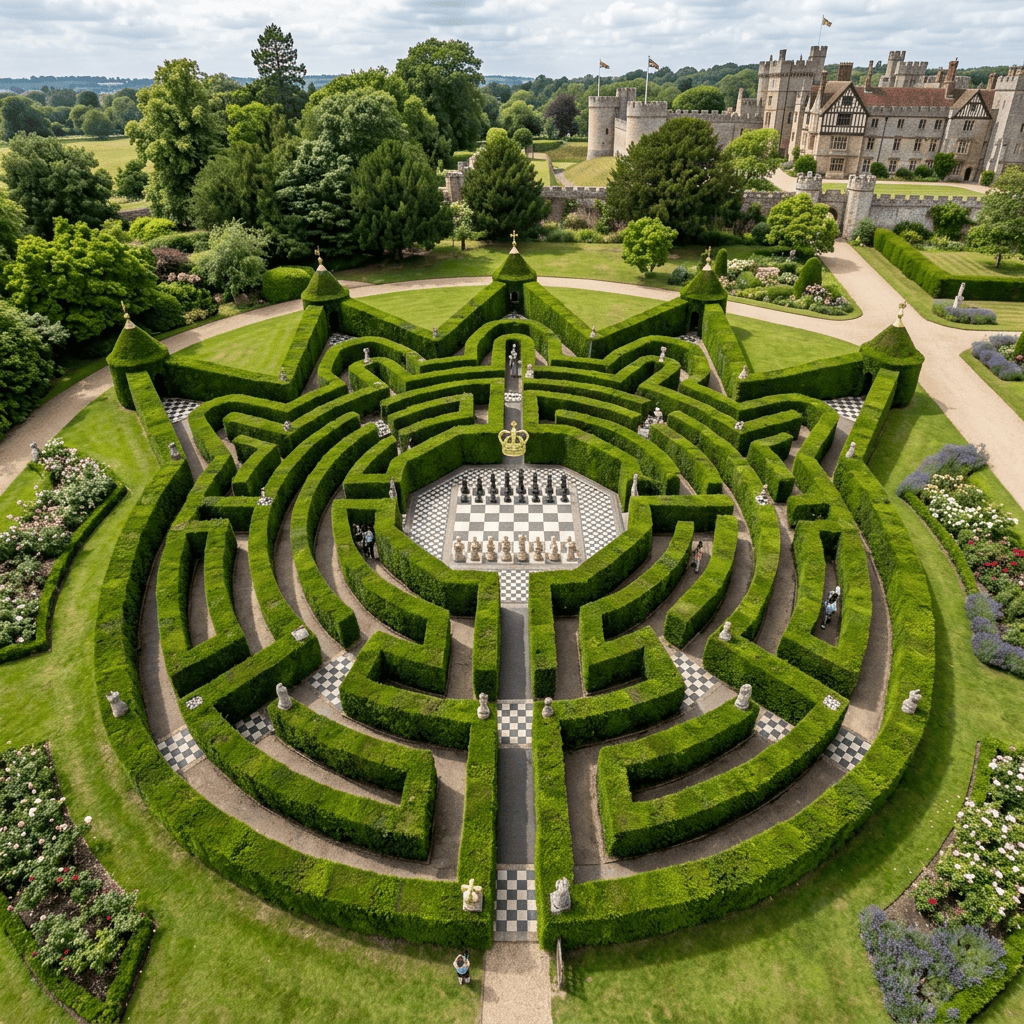 Formal hedge maze with giant chessboard beside a historic castle