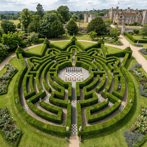 Formal hedge maze with giant chessboard beside a historic castle