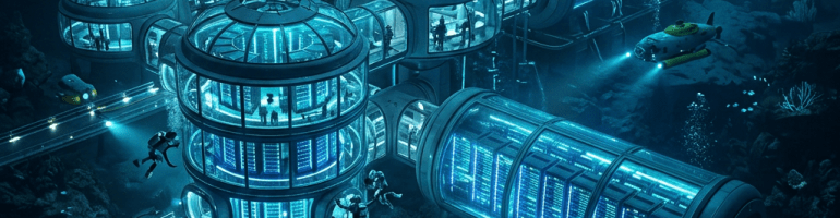 Futuristic underwater research station with divers and small submersibles