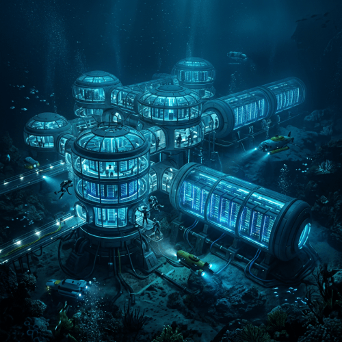 Futuristic underwater research station with divers and small submersibles