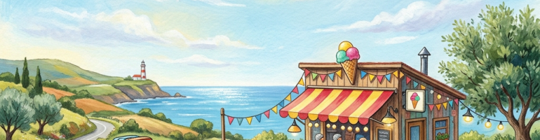 Illustration of vintage vans, ice cream stand, and coastal lighthouse
