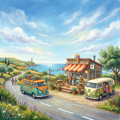 Illustration of vintage vans, ice cream stand, and coastal lighthouse