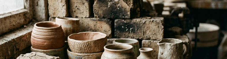Handmade pottery and broken clay pieces on a workshop table