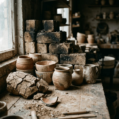 Handmade pottery and broken clay pieces on a workshop table