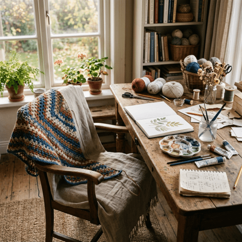 Sunlit craft table with yarn, paints, plants, and knitted blanket