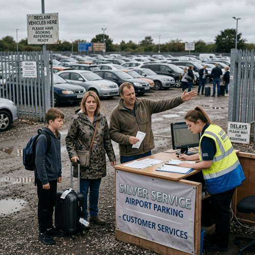 Family speaking with airport parking staff; signs read “Silver Service Airport Parking” and “Delays.”