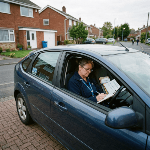 NHS carer writing paperwork inside a parked car
