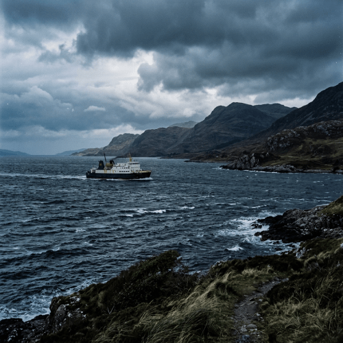 Ferry sailing past rugged mountains on a stormy coastal sea