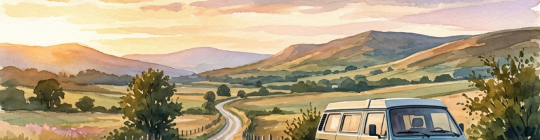 Vintage camper van parked beside a winding rural road in rolling countryside
