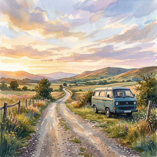 Vintage camper van parked beside a winding rural road in rolling countryside
