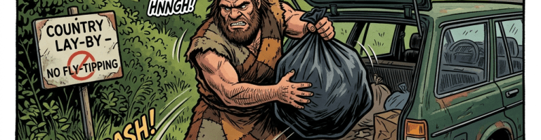 Comic panel text: “NGRRRH! JUST... DUMP IT!”, “HURRY UP... BEFORE ANYONE SEES!”, “HNNG!”, “COUNTRY LAY-BY – NO FLY-TIPPING”, “CRASH!”, and “THUD!”