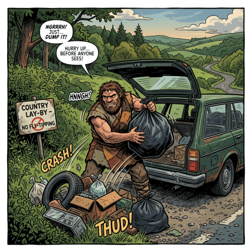 Comic panel text: “NGRRRH! JUST... DUMP IT!”, “HURRY UP... BEFORE ANYONE SEES!”, “HNNG!”, “COUNTRY LAY-BY – NO FLY-TIPPING”, “CRASH!”, and “THUD!”
